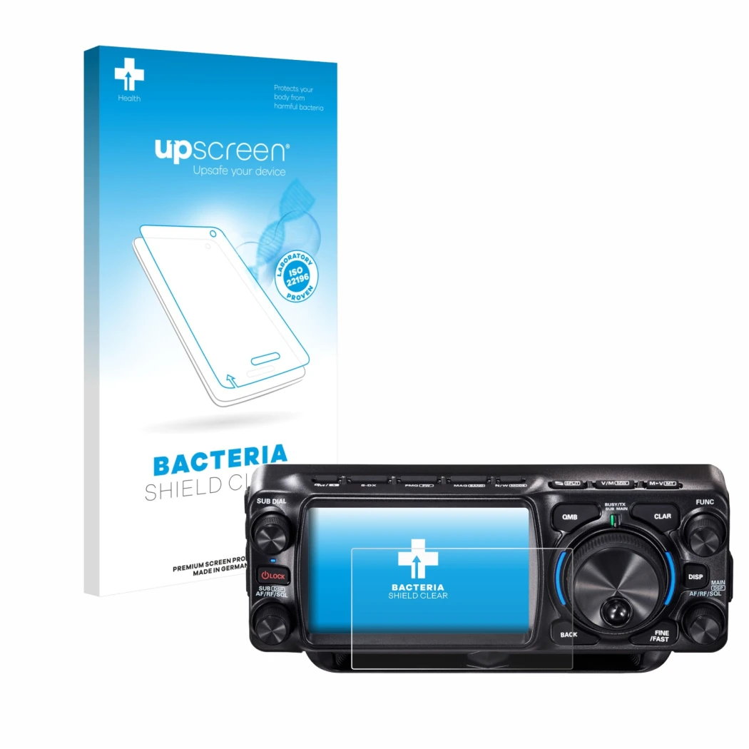 Face avant d’un emballage produit avec le logo de la marque upscreen. À côté, l’appareil Yaesu FTX-1 est représenté avec la pr