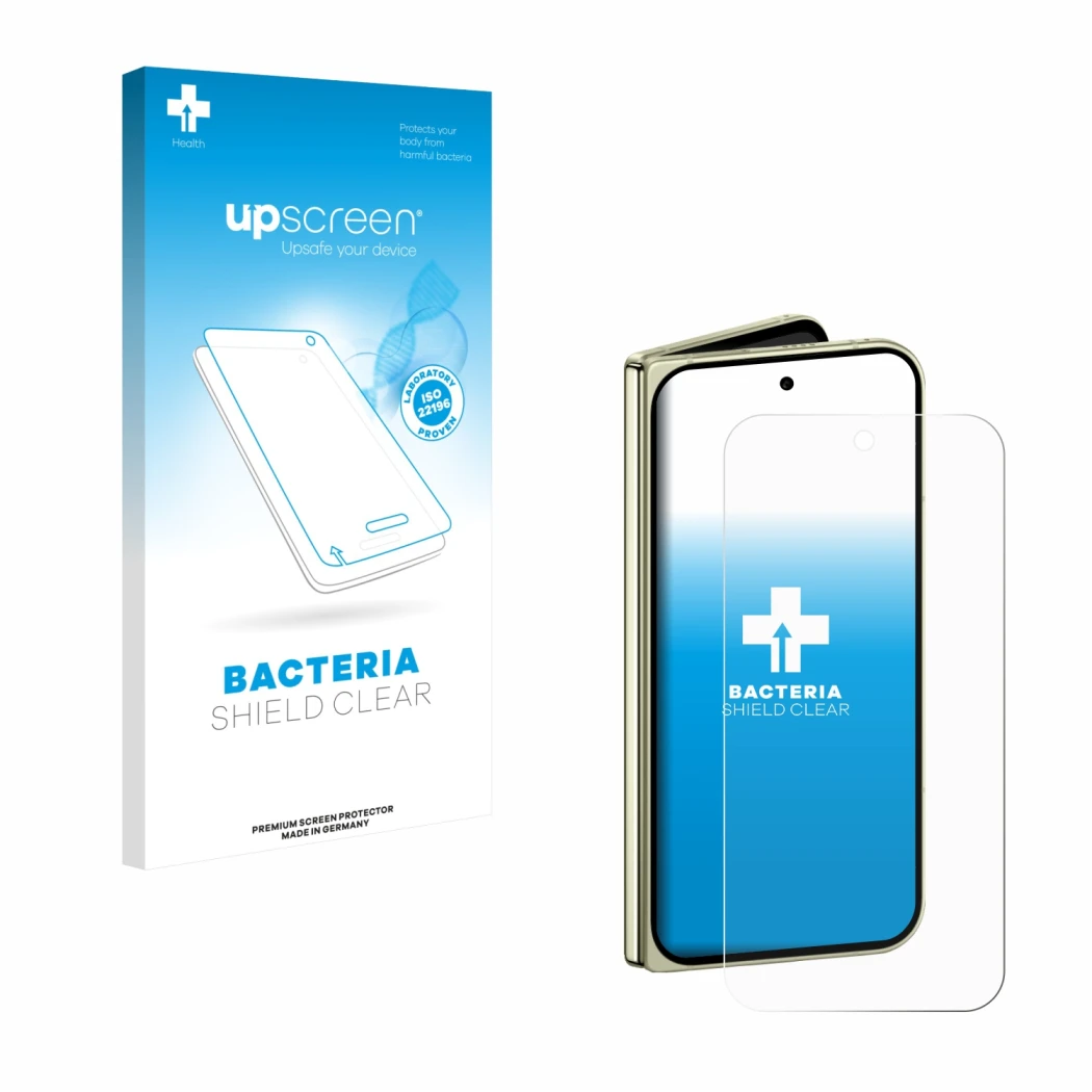 Face avant d’un emballage produit avec le logo de la marque upscreen. À côté, l’appareil Google Pixel 10 Pro Fold est représen