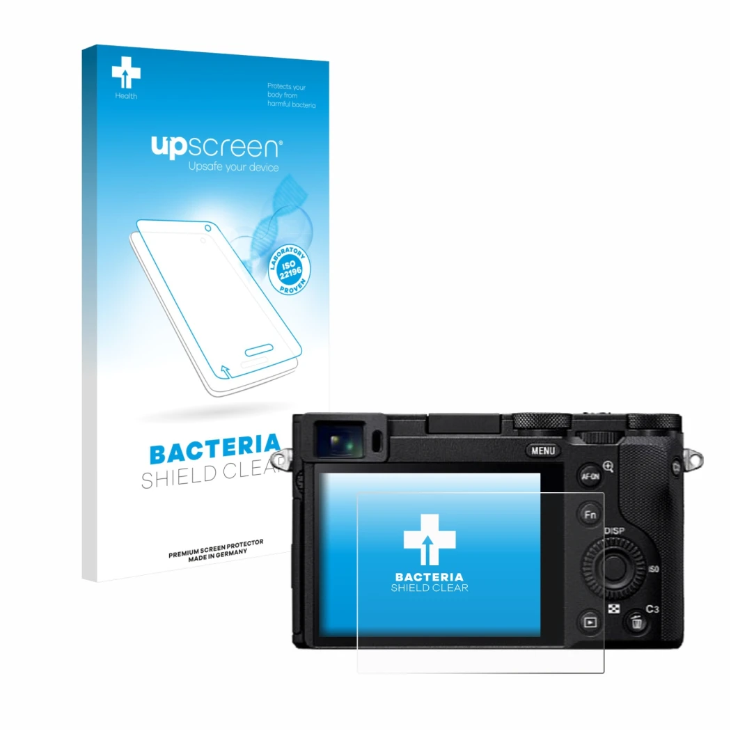 Face avant d’un emballage produit avec le logo de la marque upscreen. À côté, l’appareil Sony RX1R III est représenté avec la 