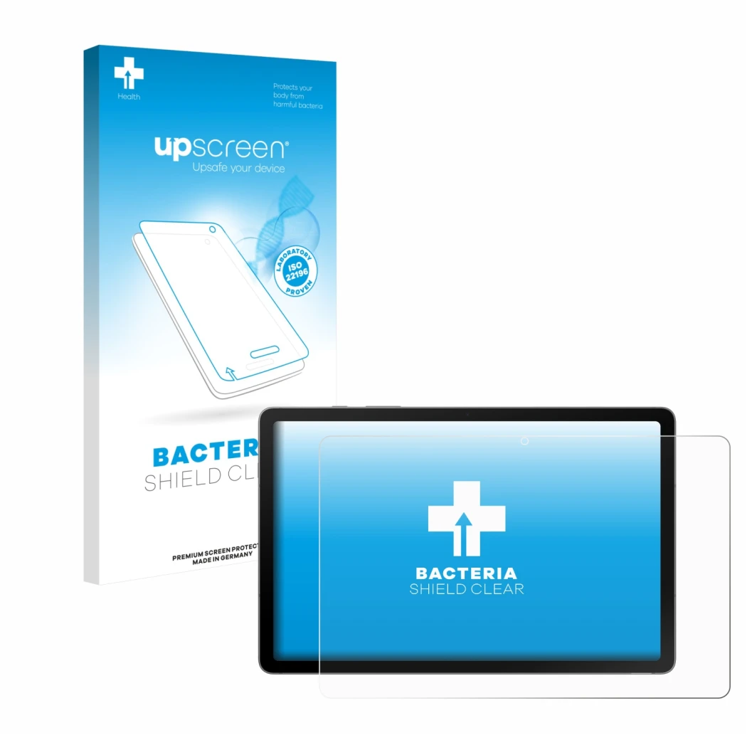 Face avant d’un emballage produit avec le logo de la marque upscreen. À côté, l’appareil Samsung Galaxy Tab S10 Lite est repré