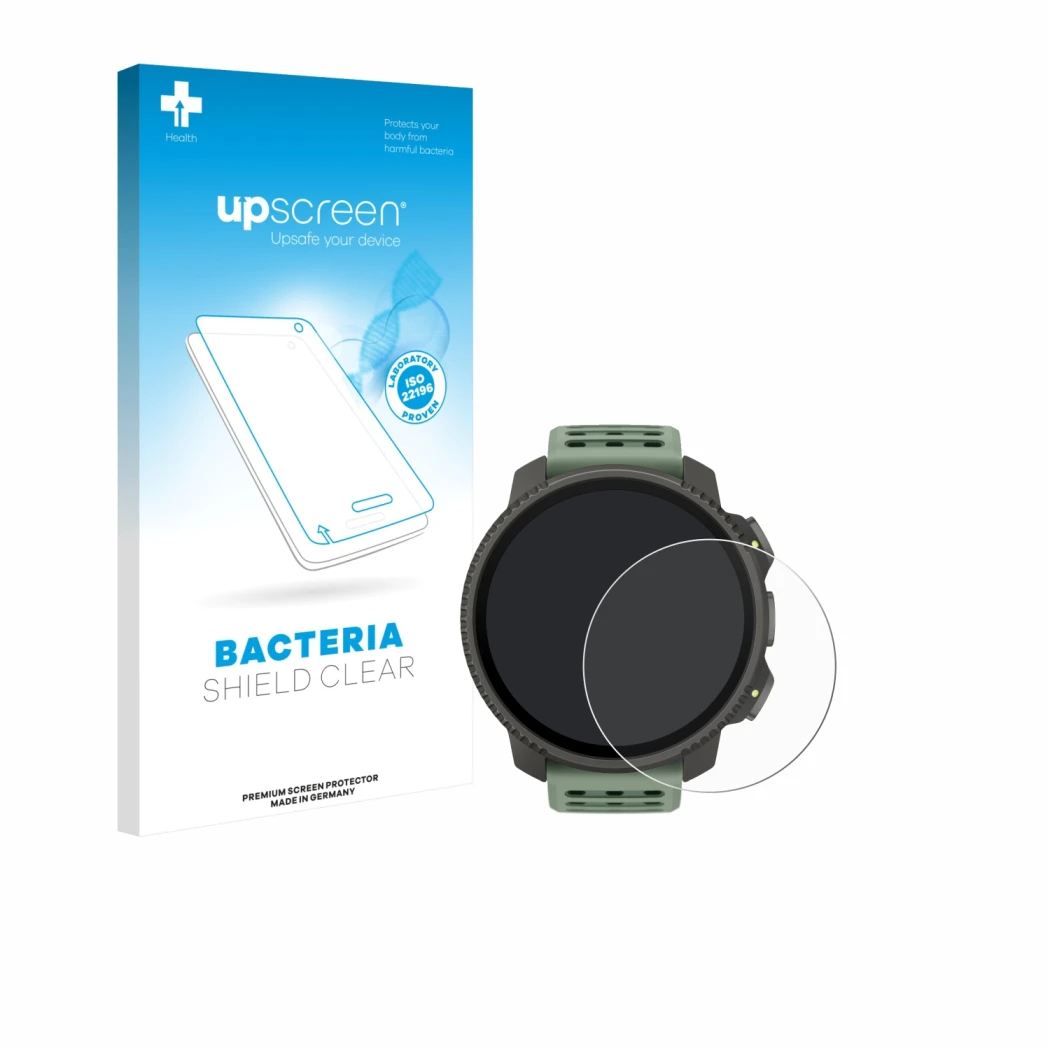 Face avant d’un emballage produit avec le logo de la marque upscreen. À côté, l’appareil Suunto Vertical 2 est représenté avec