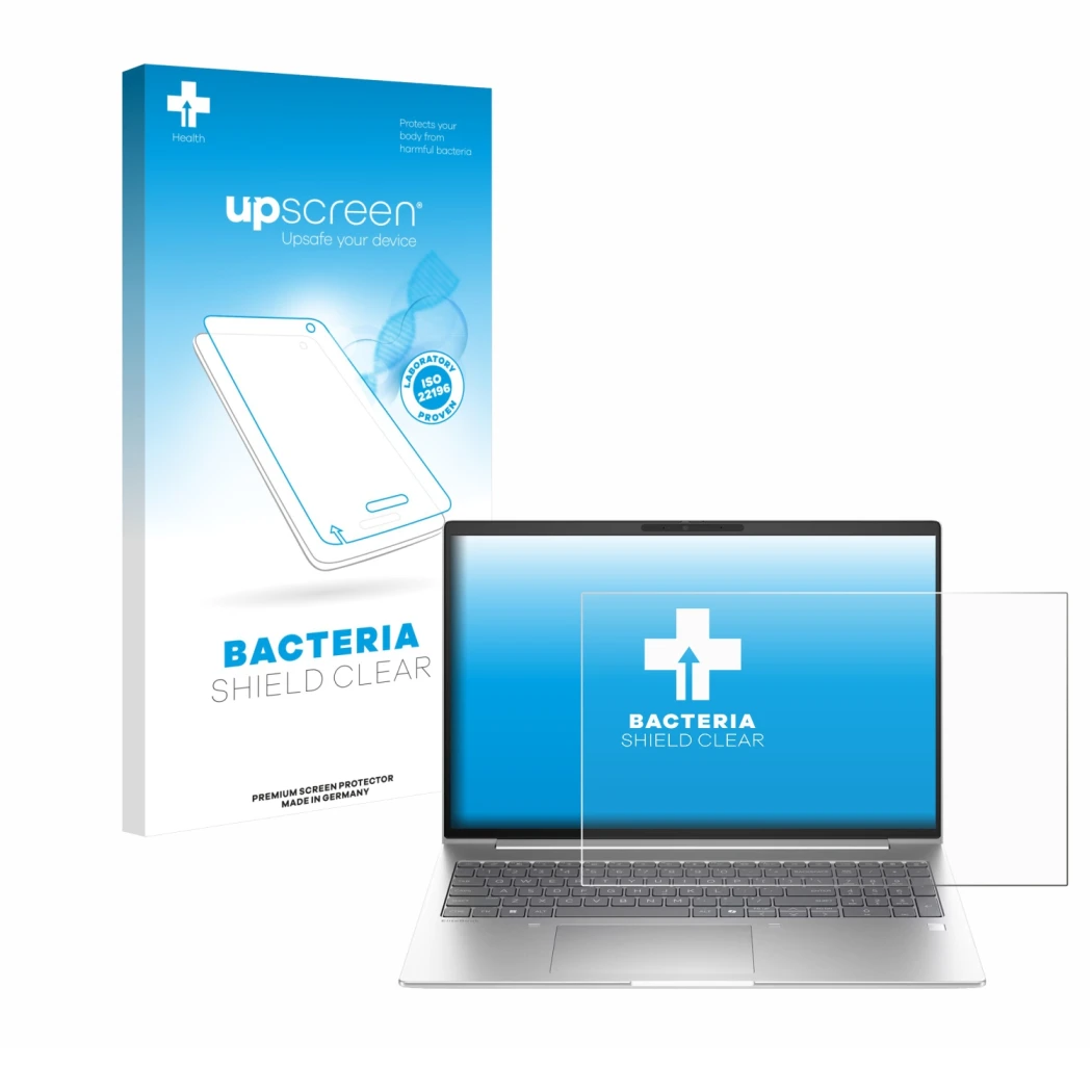 Face avant d’un emballage produit avec le logo de la marque upscreen. À côté, l’appareil HP EliteBook 6 G1i 16 est représenté 