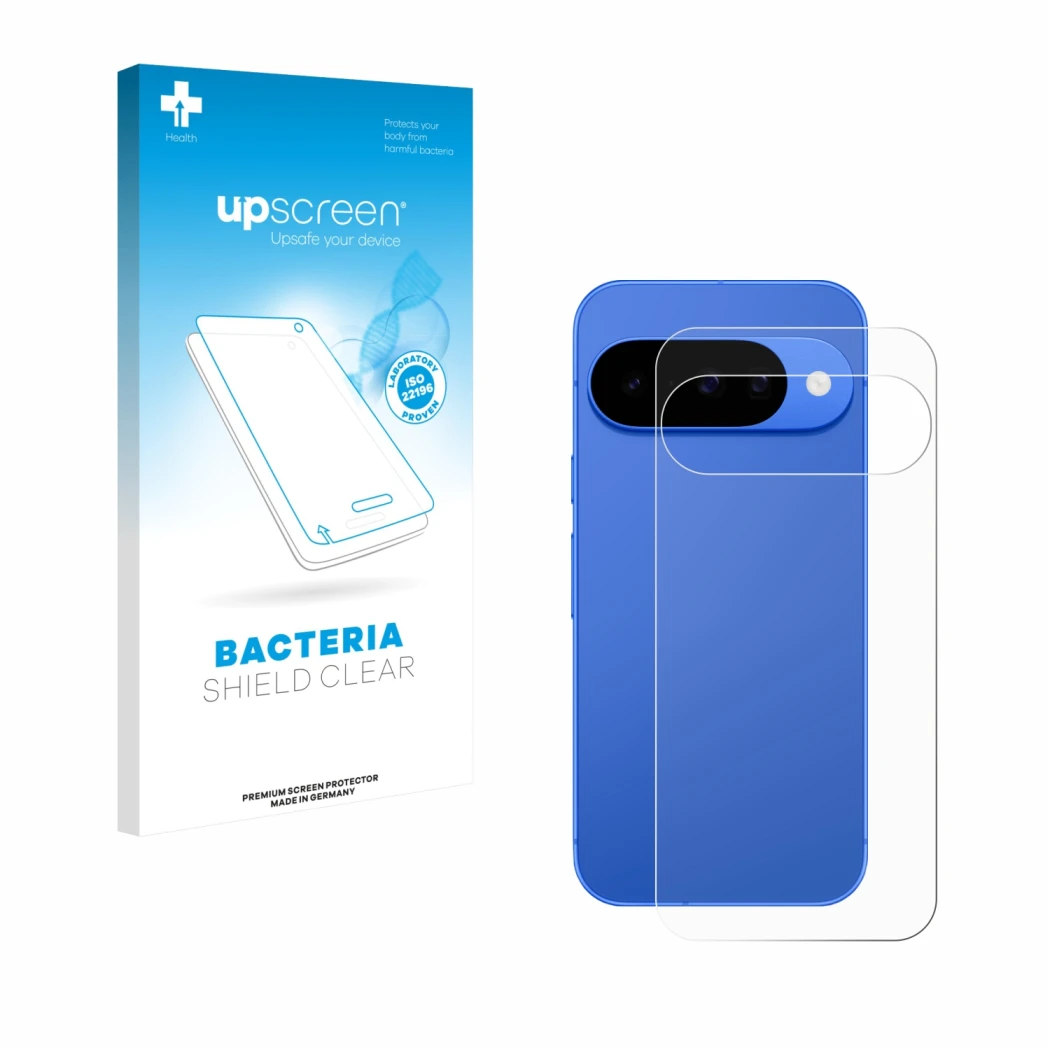 Face avant d’un emballage produit avec le logo de la marque upscreen. À côté, l’appareil Google Pixel 10 (Arrière) est représe