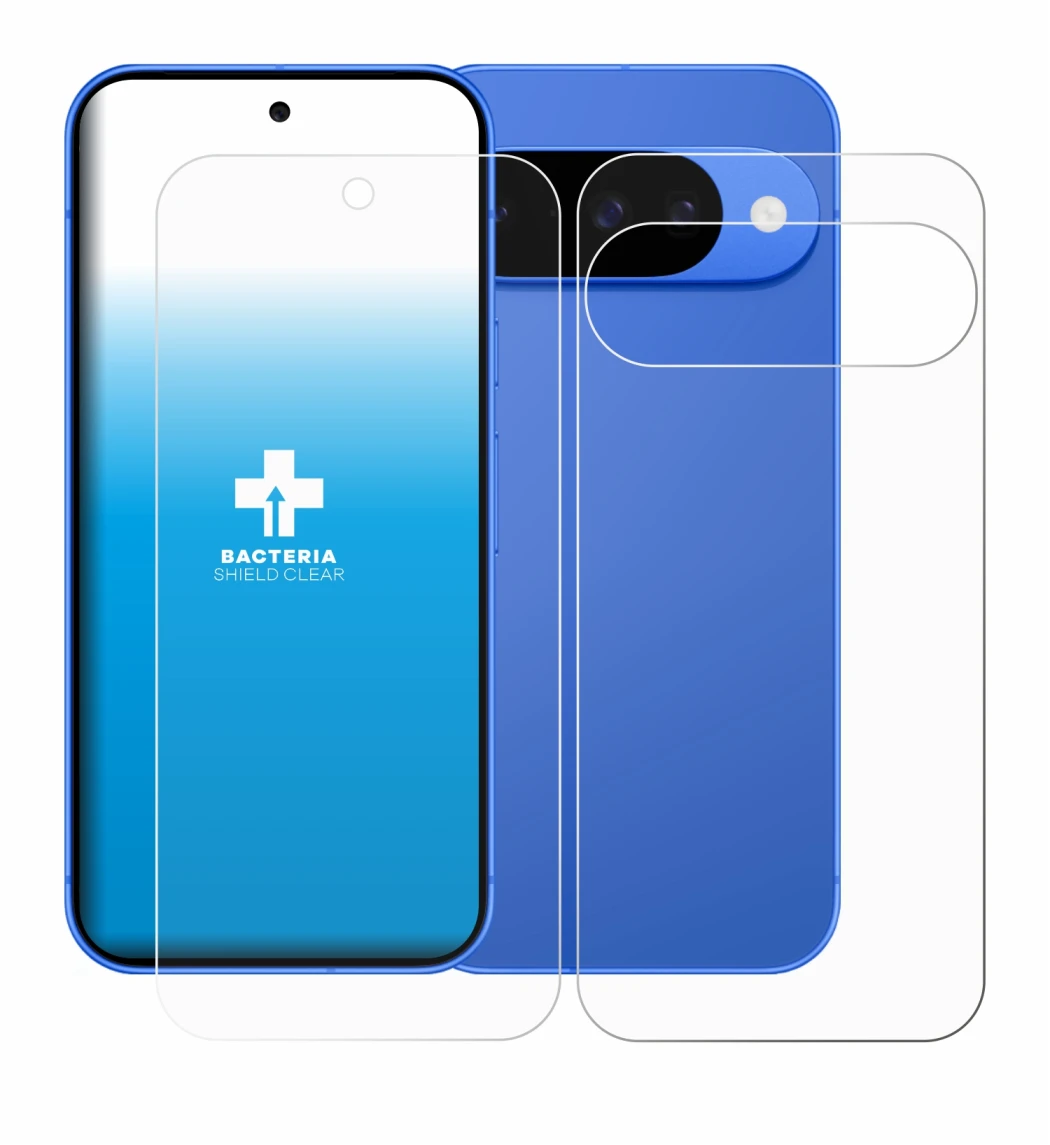 Image de l'appareil Google Pixel 10 (Avant+Arrière) avec une grande variété de protections d'écran.