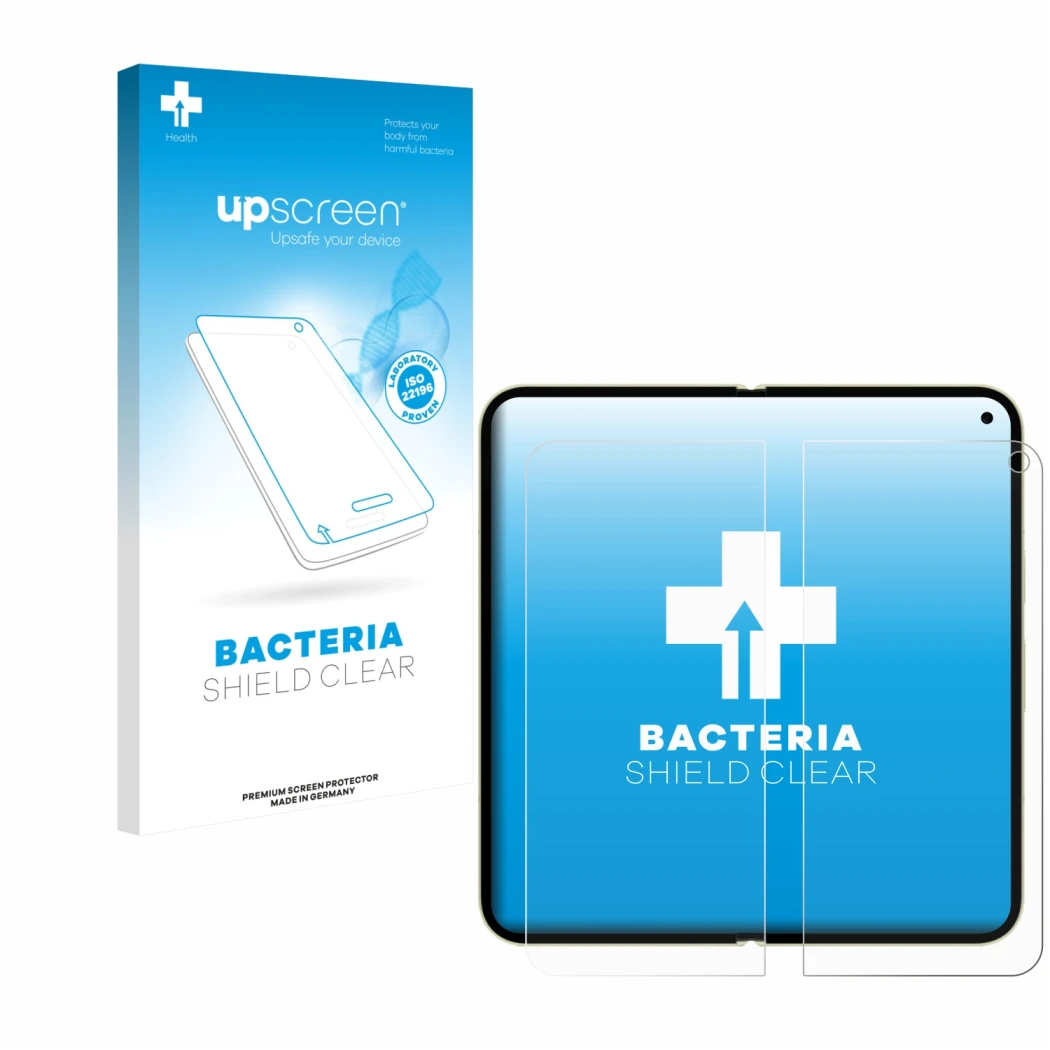 Face avant d’un emballage produit avec le logo de la marque upscreen. À côté, l’appareil Google Pixel 10 Pro Fold (Affichage i