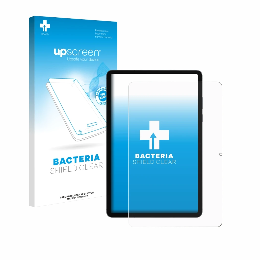 Face avant d’un emballage produit avec le logo de la marque upscreen. À côté, l’appareil Samsung Galaxy Tab S11 (portrait) est