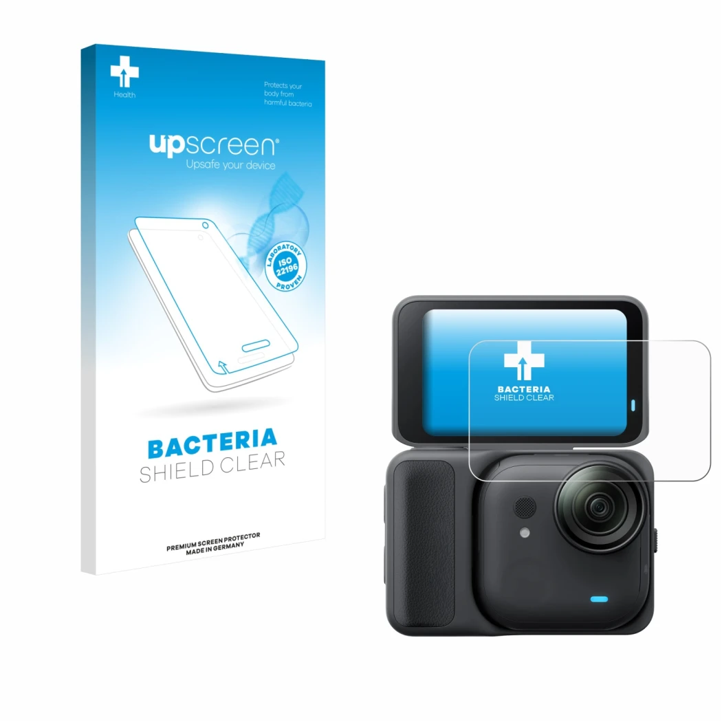 Face avant d’un emballage produit avec le logo de la marque upscreen. À côté, l’appareil Insta360 Go Ultra est représenté avec