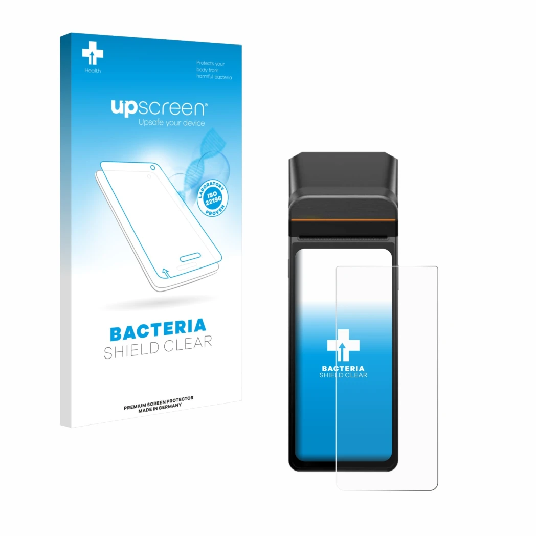 Face avant d’un emballage produit avec le logo de la marque upscreen. À côté, l’appareil Sunmi V3H est représenté avec la prot