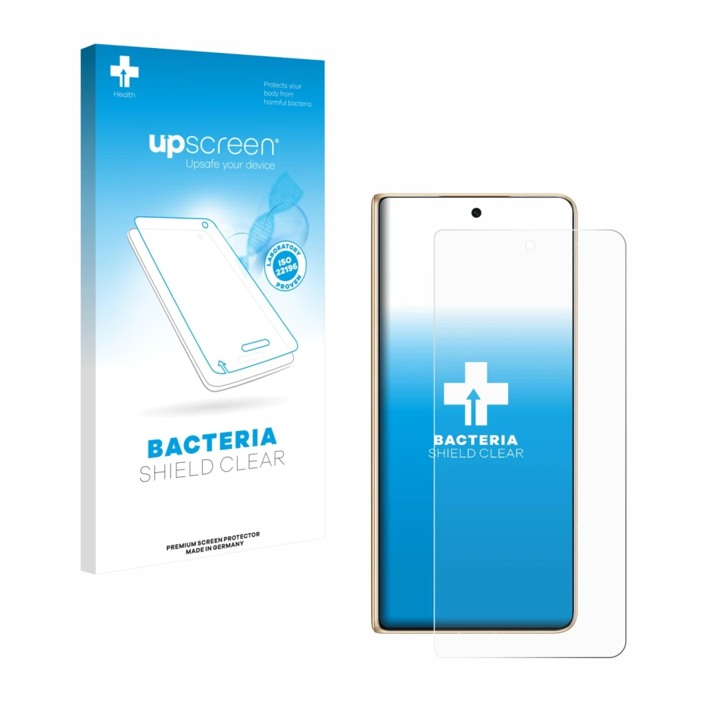 Face avant d’un emballage produit avec le logo de la marque upscreen. À côté, l’appareil Honor Magic V5 est représenté avec la