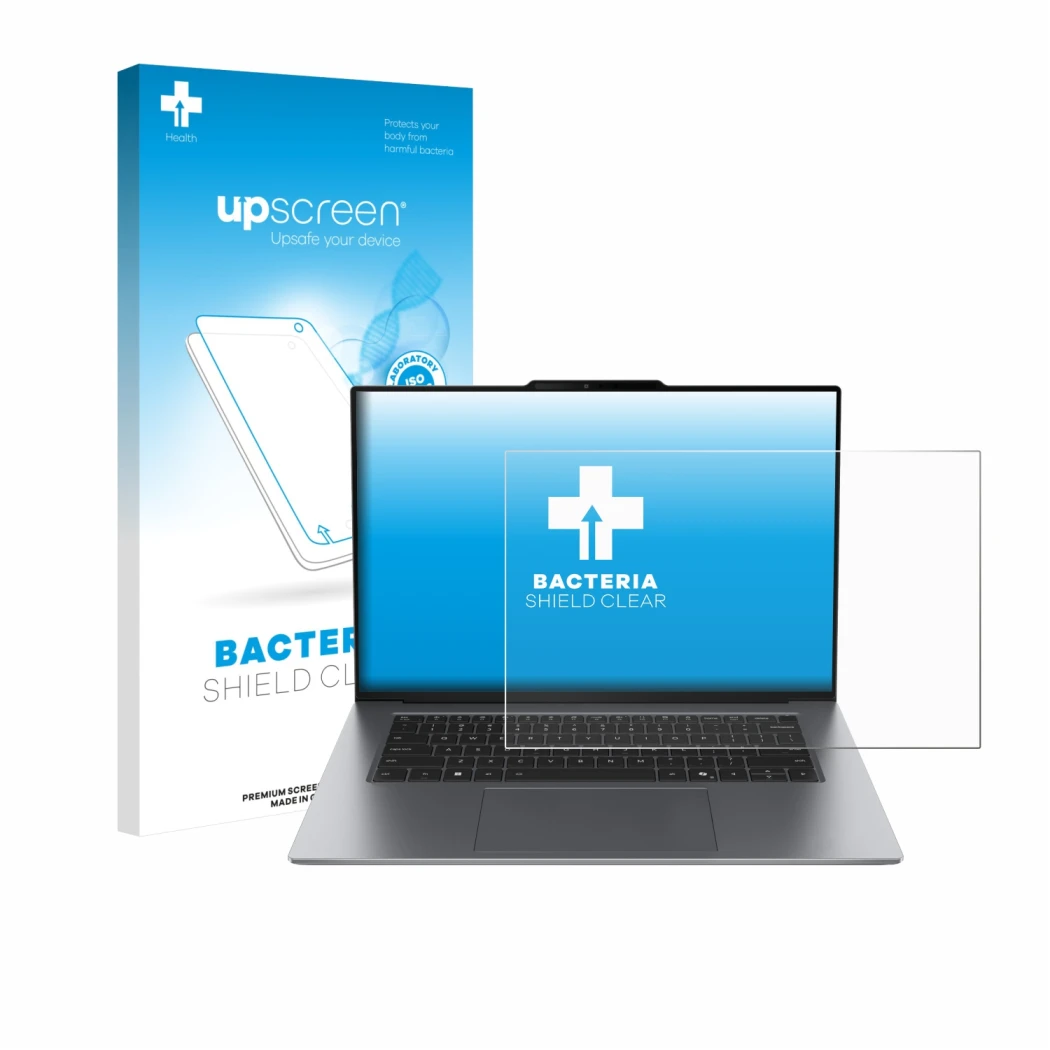 Face avant d’un emballage produit avec le logo de la marque upscreen. À côté, l’appareil Lenovo ThinkPad X9 14 G1 est représen