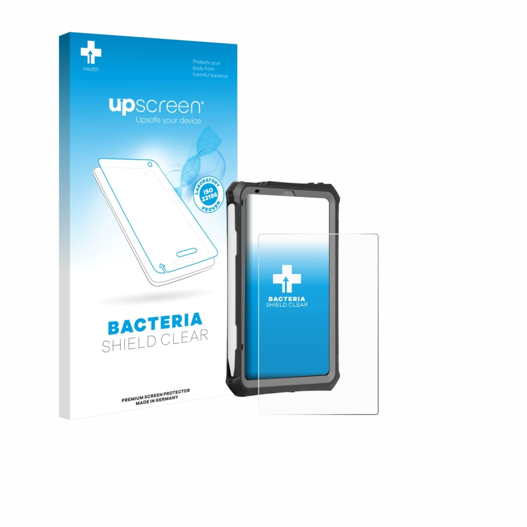 Face avant d’un emballage produit avec le logo de la marque upscreen. À côté, l’appareil Apple iPad Mini 7 2024 (case-friendly