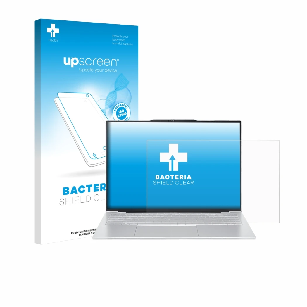 Face avant d’un emballage produit avec le logo de la marque upscreen. À côté, l’appareil Acer Swift Air 16 est représenté avec