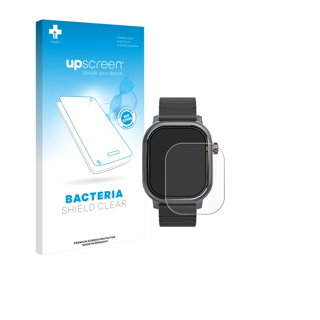Face avant d’un emballage produit avec le logo de la marque upscreen. À côté, l’appareil Kospet Pulse est représenté avec la p