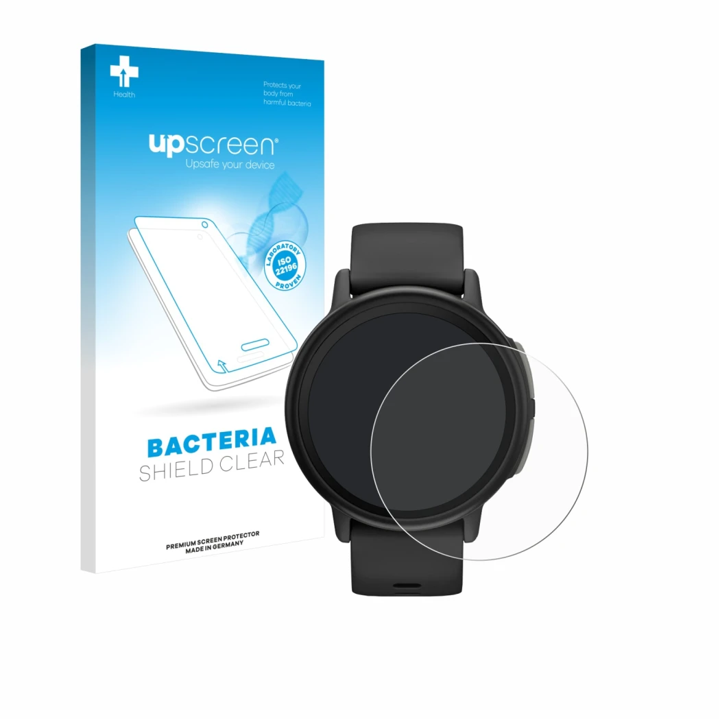 Face avant d’un emballage produit avec le logo de la marque upscreen. À côté, l’appareil Garmin Bounce 2 est représenté avec l