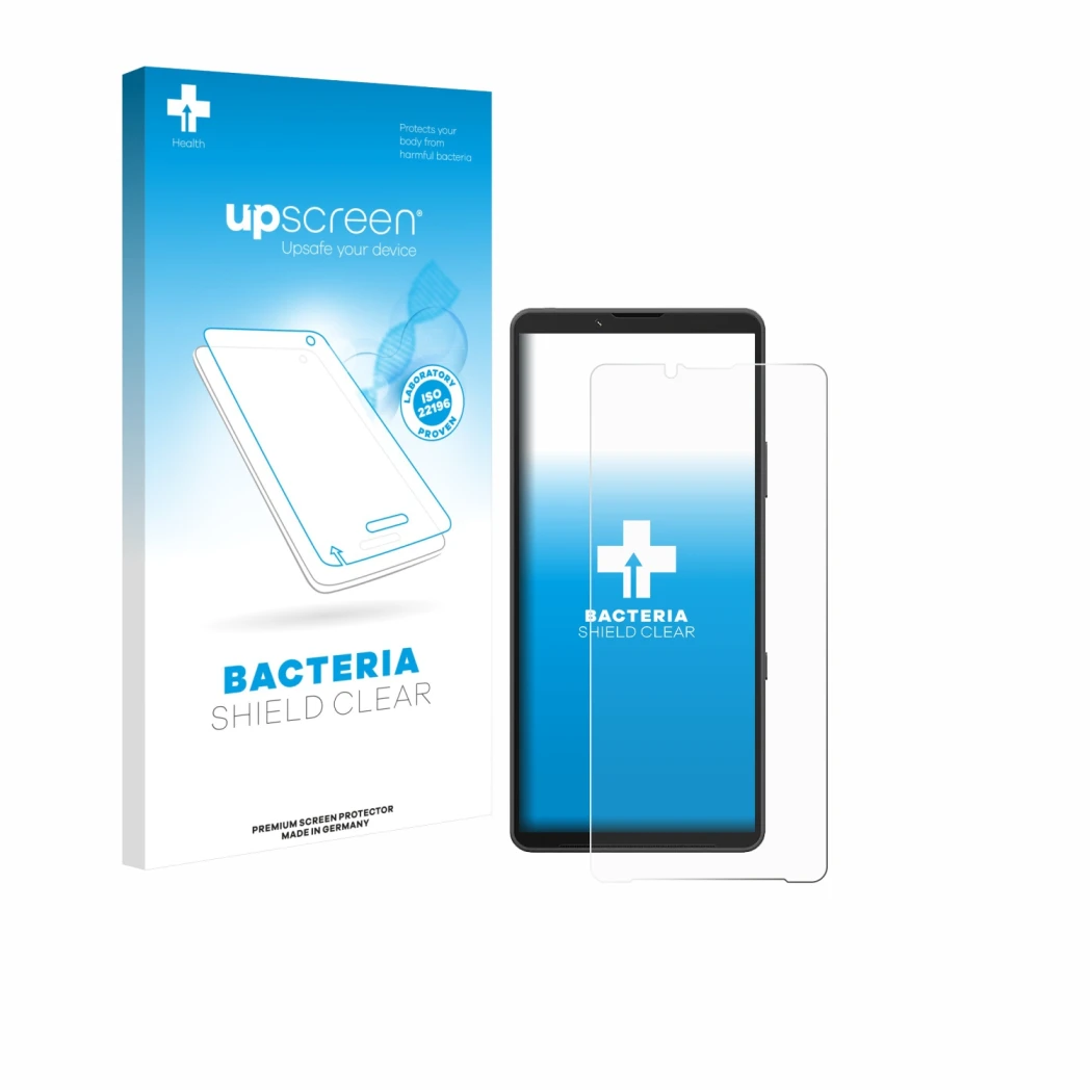 Face avant d’un emballage produit avec le logo de la marque upscreen. À côté, l’appareil Sony Xperia 10 VII est représenté ave