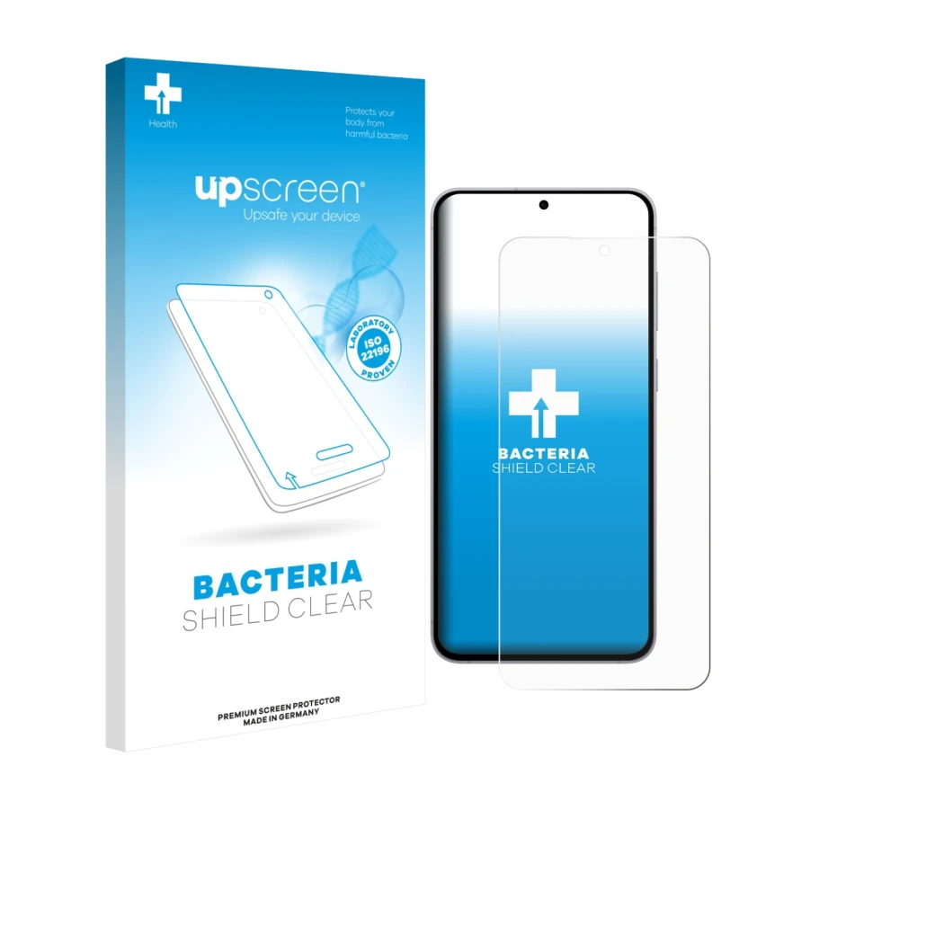 Face avant d’un emballage produit avec le logo de la marque upscreen. À côté, l’appareil Samsung Galaxy S25 FE Enterprise Edit