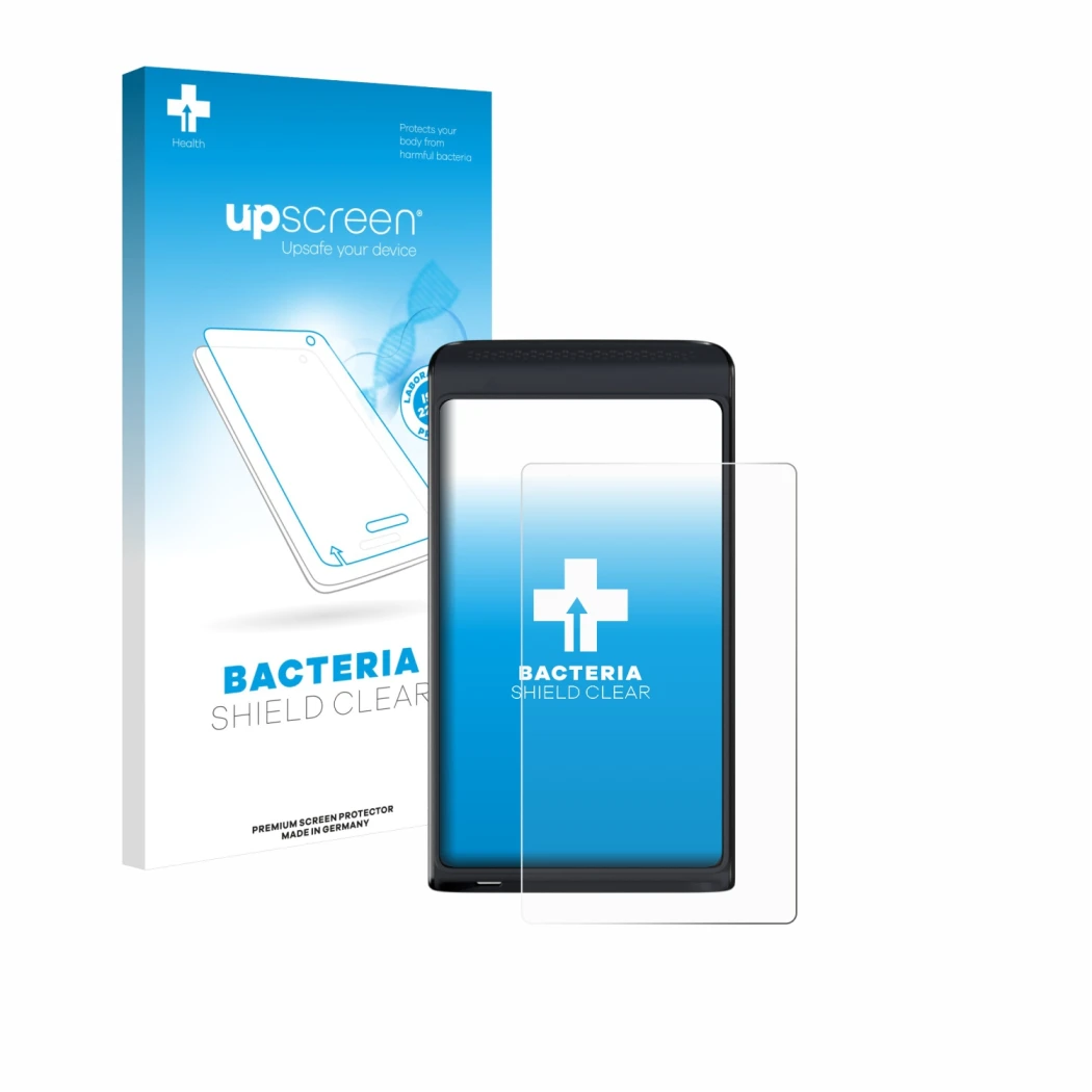 Face avant d’un emballage produit avec le logo de la marque upscreen. À côté, l’appareil Vasco Translator Q1 est représenté av