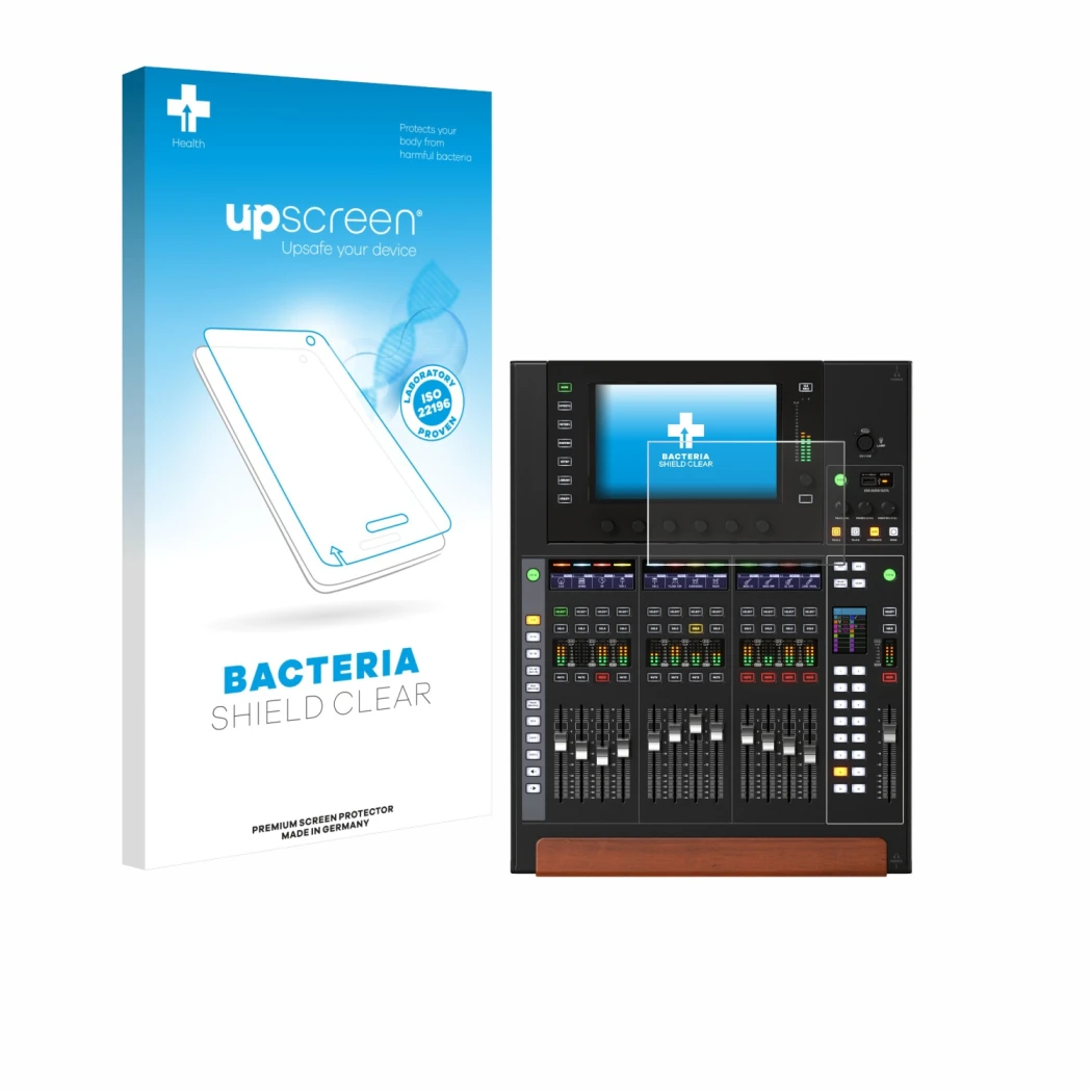 Face avant d’un emballage produit avec le logo de la marque upscreen. À côté, l’appareil Behringer Wing Compact est représenté