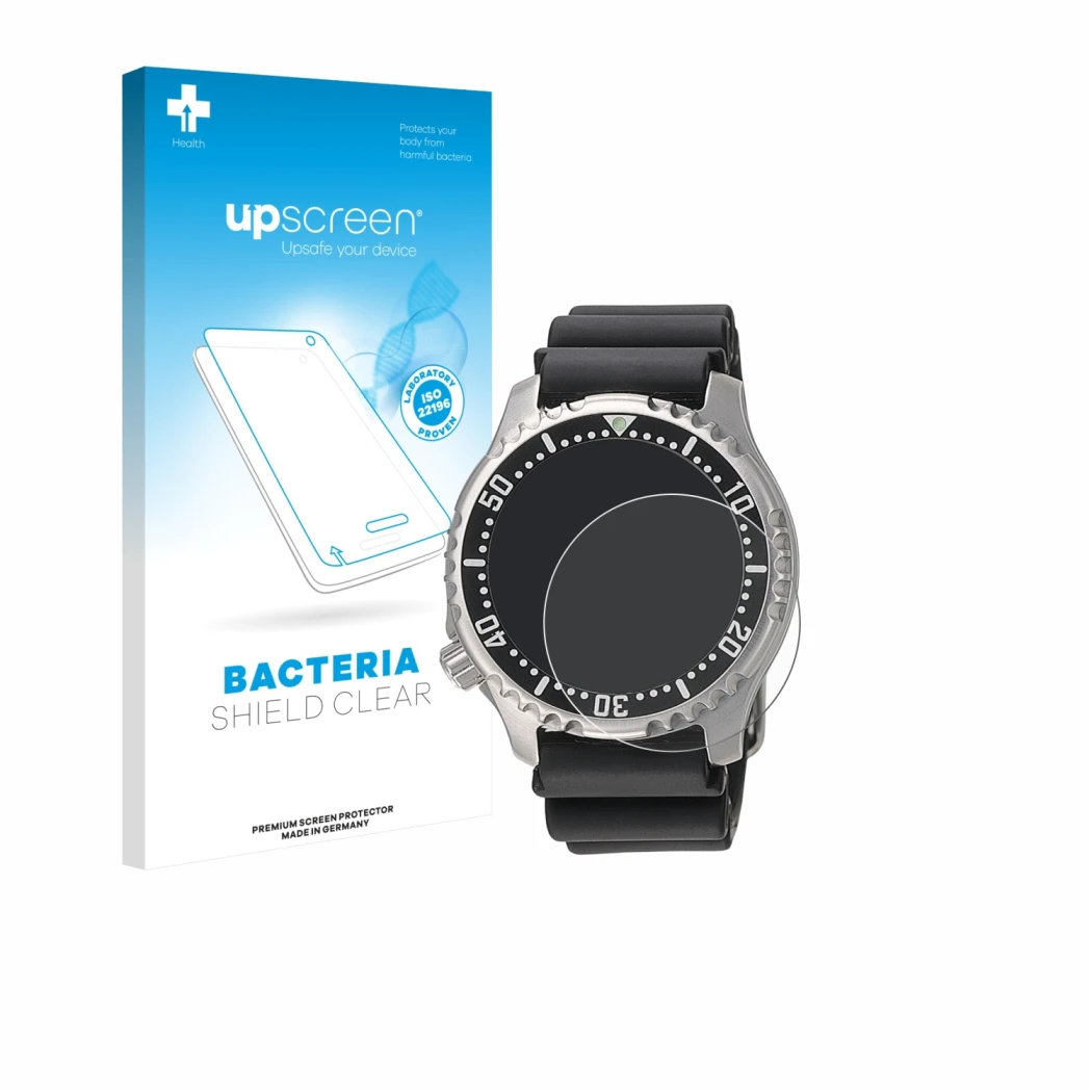 Face avant d’un emballage produit avec le logo de la marque upscreen. À côté, l’appareil Citizen NY0040 est représenté avec la
