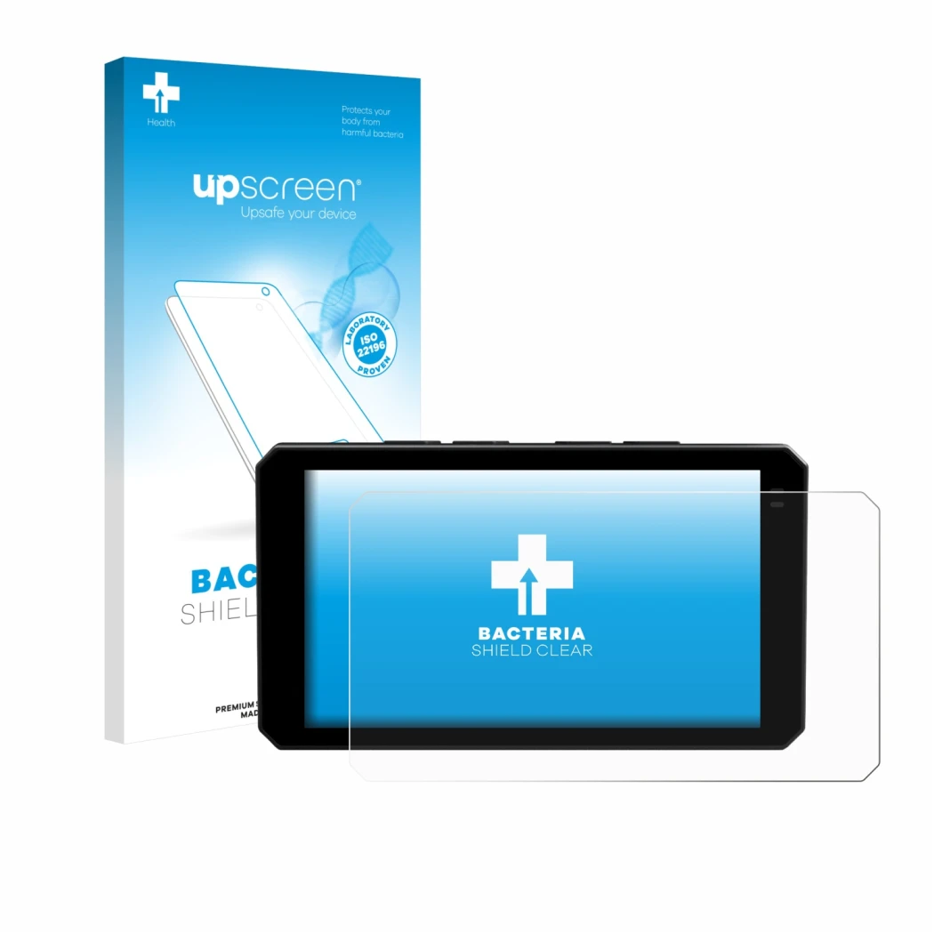 Face avant d’un emballage produit avec le logo de la marque upscreen. À côté, l’appareil Chigee AIO-6 LTE 4G est représenté av