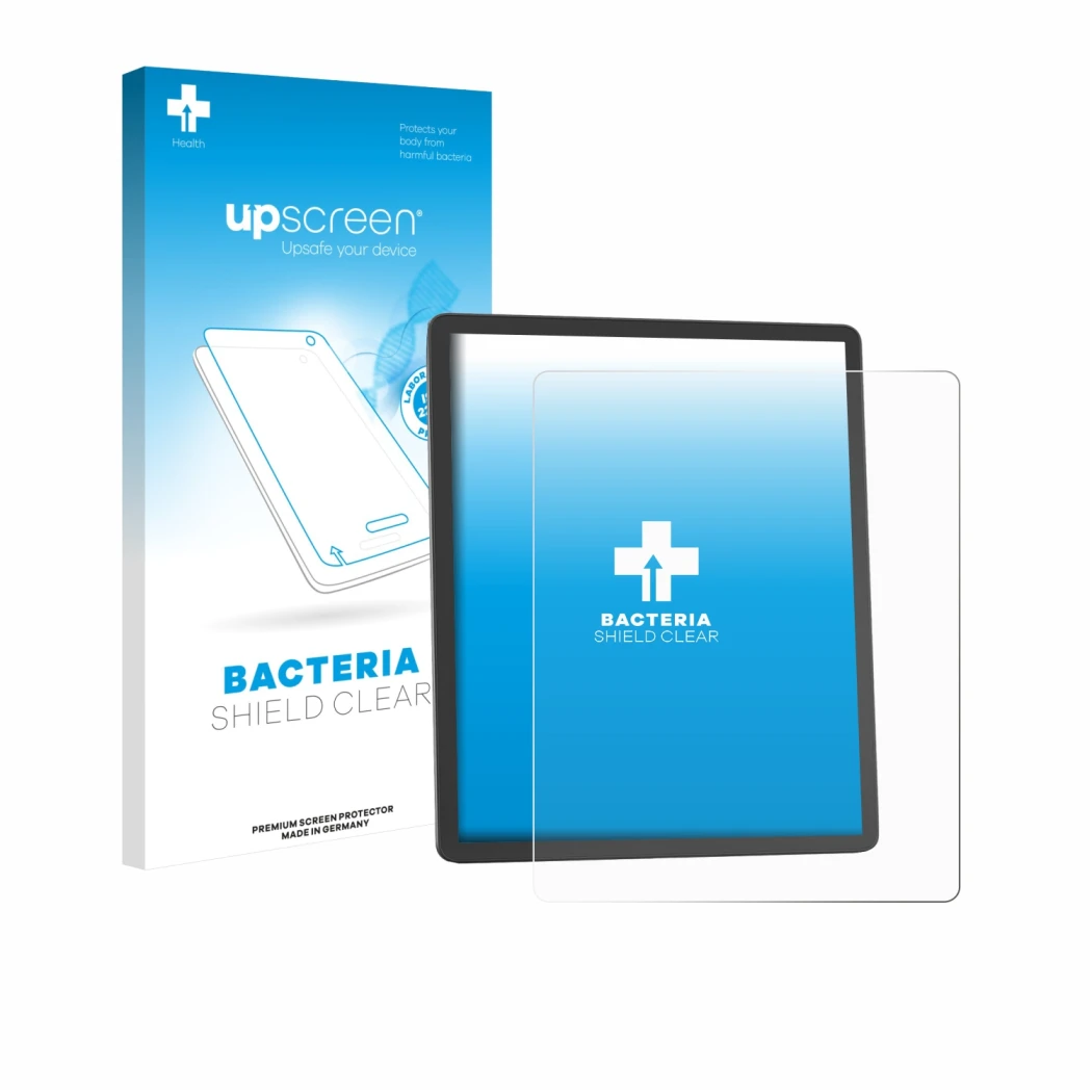 Face avant d’un emballage produit avec le logo de la marque upscreen. À côté, l’appareil Amazon Kindle Scribe 2025 est représe