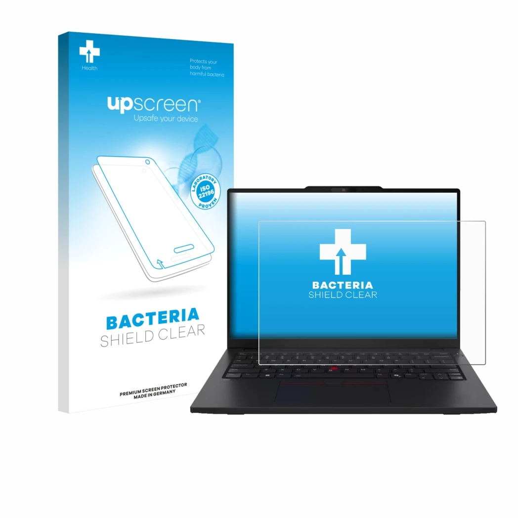 Face avant d’un emballage produit avec le logo de la marque upscreen. À côté, l’appareil Lenovo ThinkPad L13 Gen 6 est représe