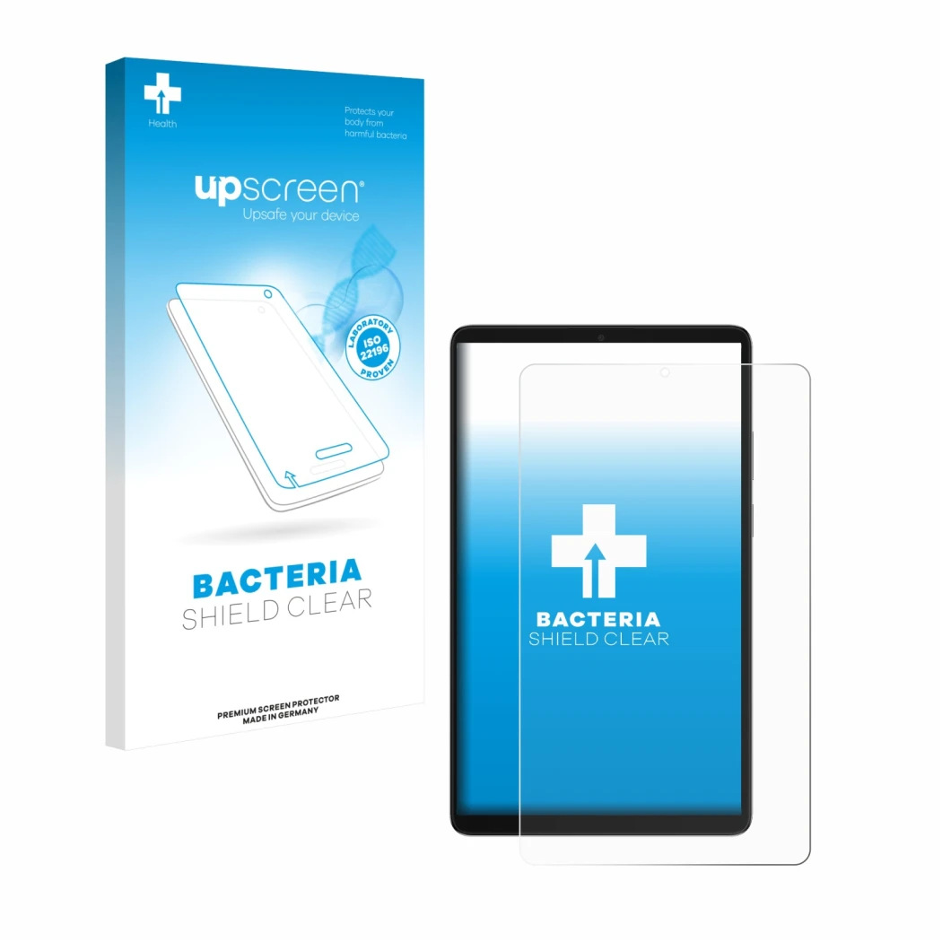 Face avant d’un emballage produit avec le logo de la marque upscreen. À côté, l’appareil Samsung Galaxy Tab A11 8.7