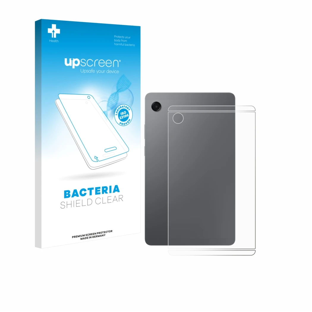 Face avant d’un emballage produit avec le logo de la marque upscreen. À côté, l’appareil Samsung Galaxy Tab A11 8.7