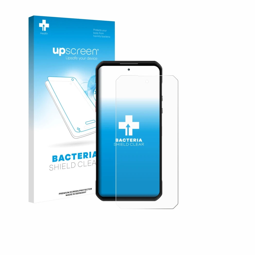 Face avant d’un emballage produit avec le logo de la marque upscreen. À côté, l’appareil Oukitel WP60 est représenté avec la p