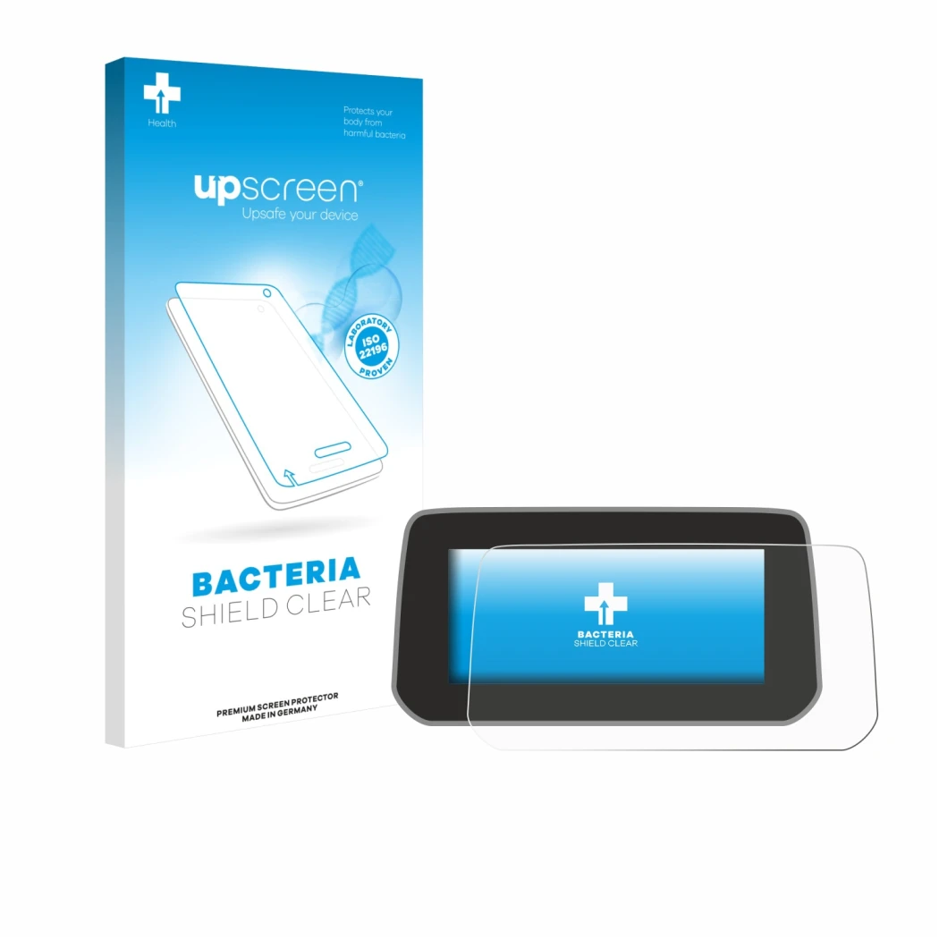 Face avant d’un emballage produit avec le logo de la marque upscreen. À côté, l’appareil Mazda CX-5 2020 est représenté avec l