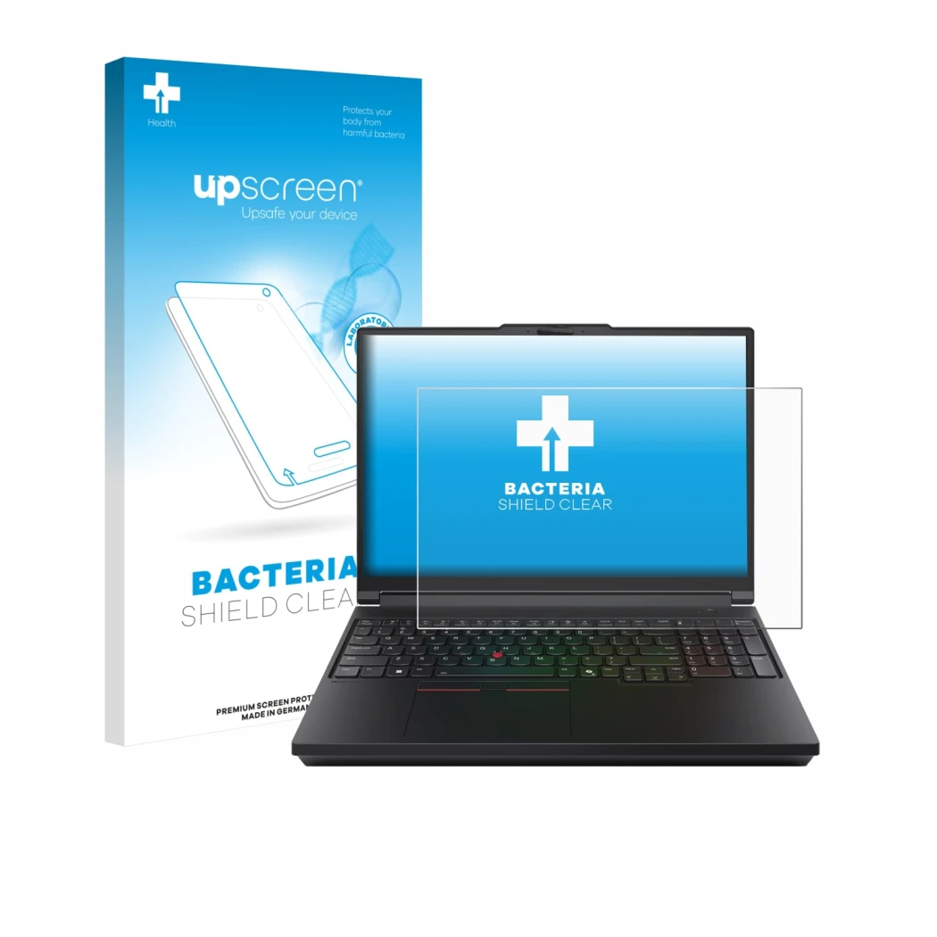 Face avant d’un emballage produit avec le logo de la marque upscreen. À côté, l’appareil Lenovo ThinkPad P16 Gen 3 est représe