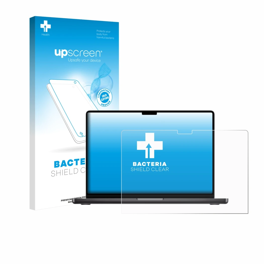 Face avant d’un emballage produit avec le logo de la marque upscreen. À côté, l’appareil Apple MacBook Pro 14