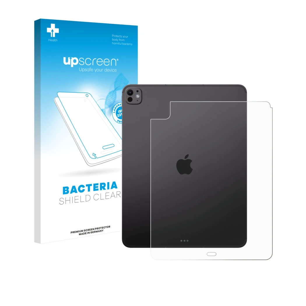 Face avant d’un emballage produit avec le logo de la marque upscreen. À côté, l’appareil Apple iPad Pro 13