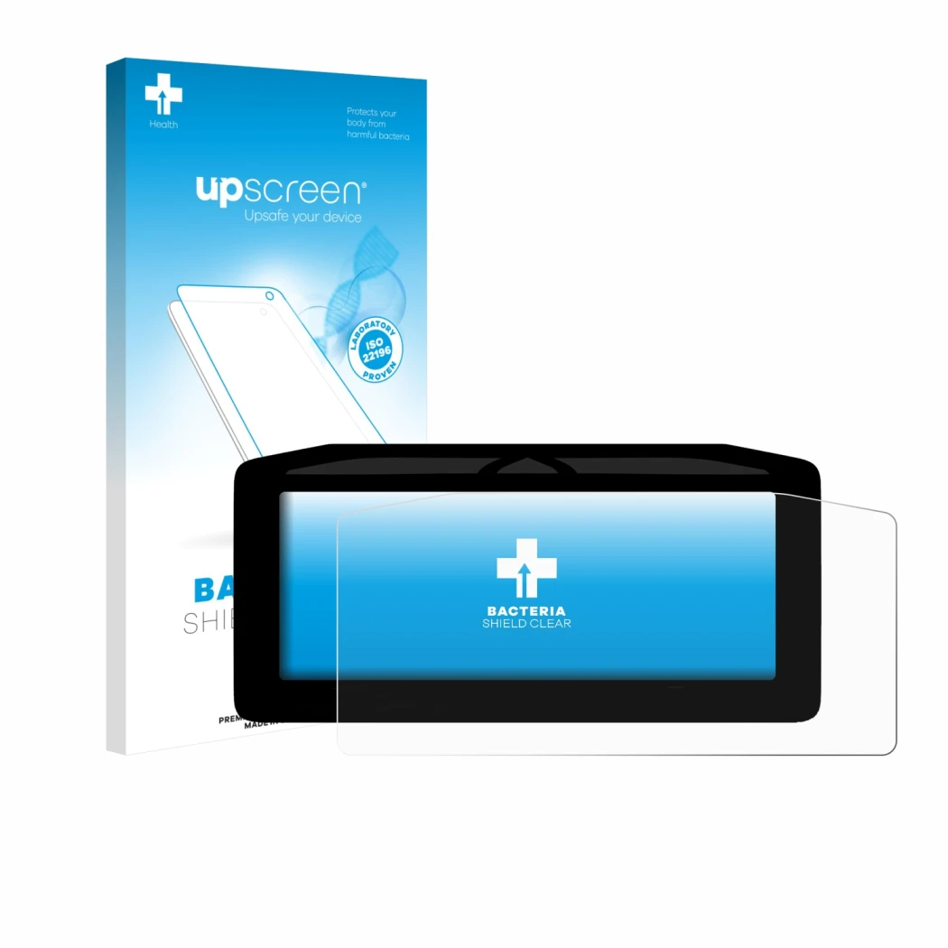 Face avant d’un emballage produit avec le logo de la marque upscreen. À côté, l’appareil Ducati Panigale V4 2025 est représent