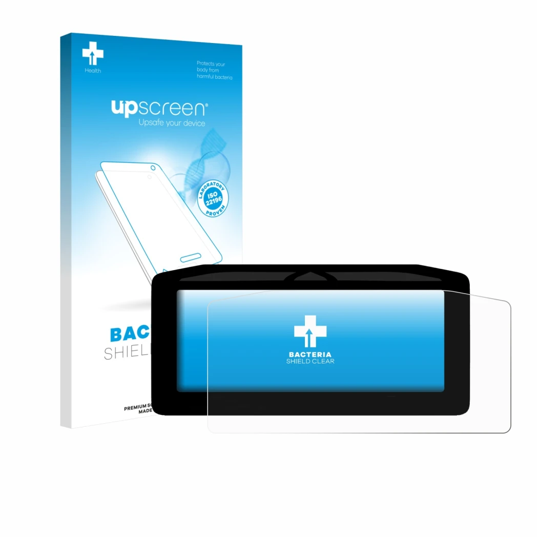 Face avant d’un emballage produit avec le logo de la marque upscreen. À côté, l’appareil Ducati Streetfighter V4 2025 Affichag