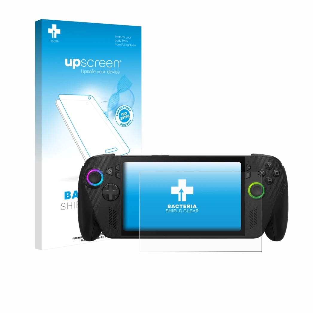 Face avant d’un emballage produit avec le logo de la marque upscreen. À côté, l’appareil ASUS ROG Xbox Ally X est représenté a