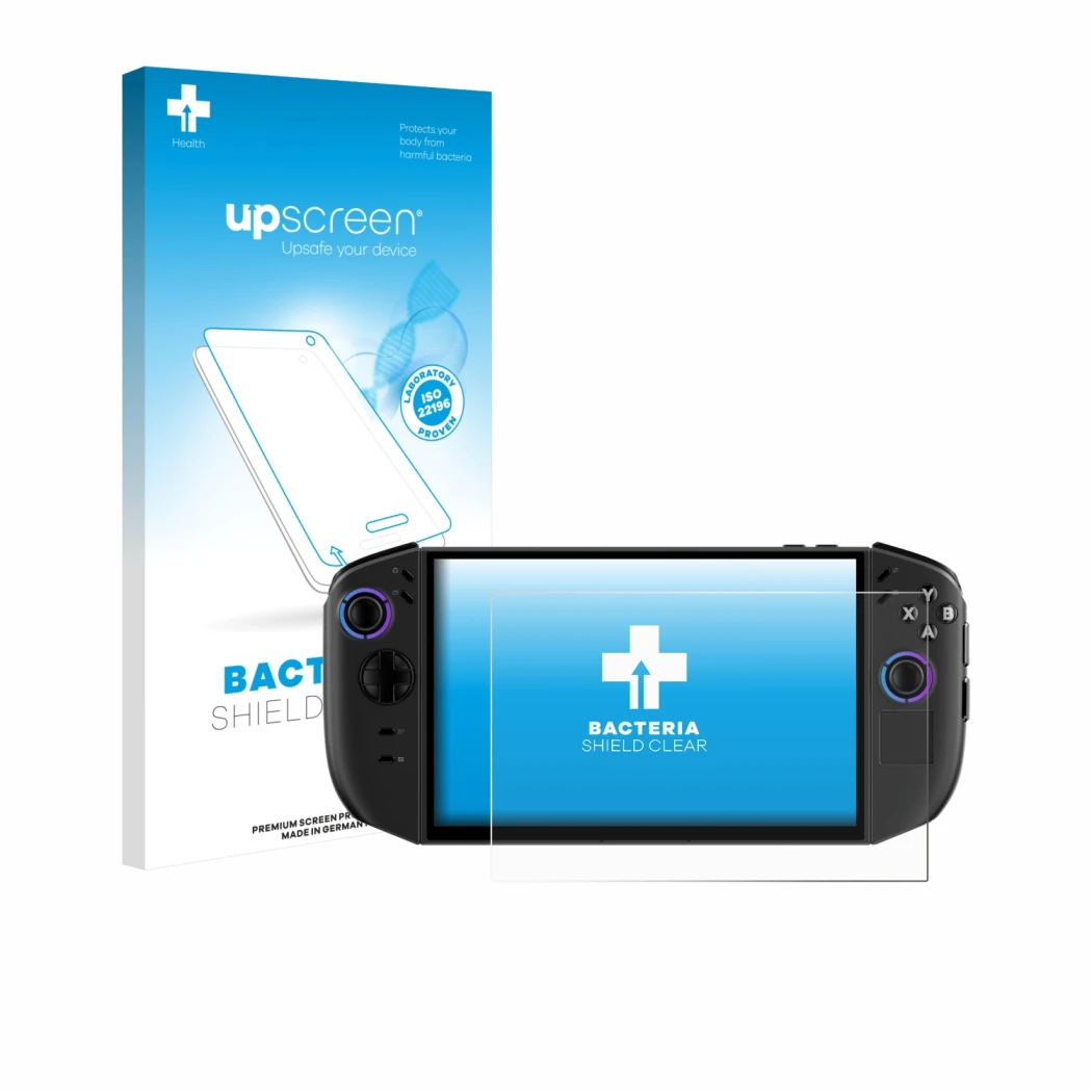 Face avant d’un emballage produit avec le logo de la marque upscreen. À côté, l’appareil Lenovo Legion Go Gen 2 est représenté