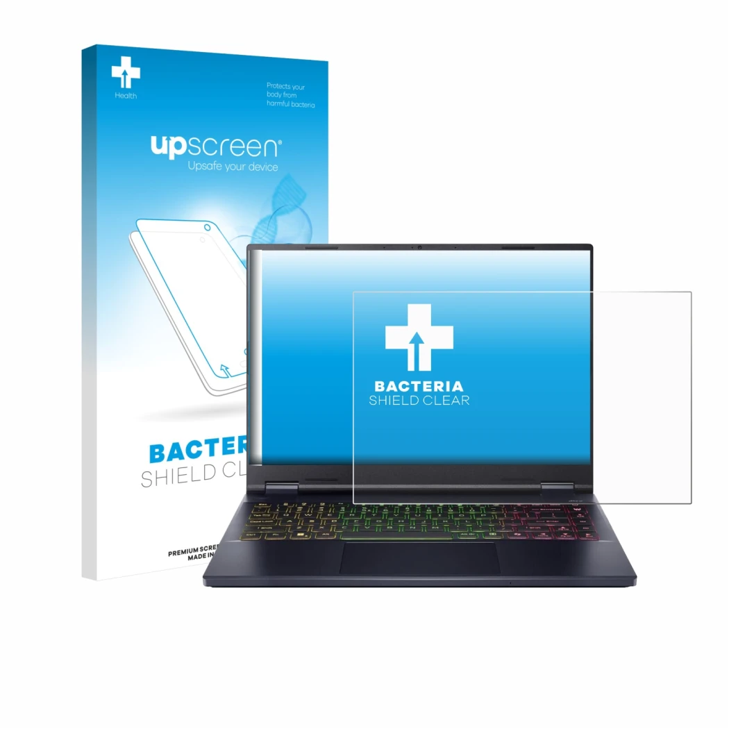 Face avant d’un emballage produit avec le logo de la marque upscreen. À côté, l’appareil Acer Predator Helios Neo 14 AI est re