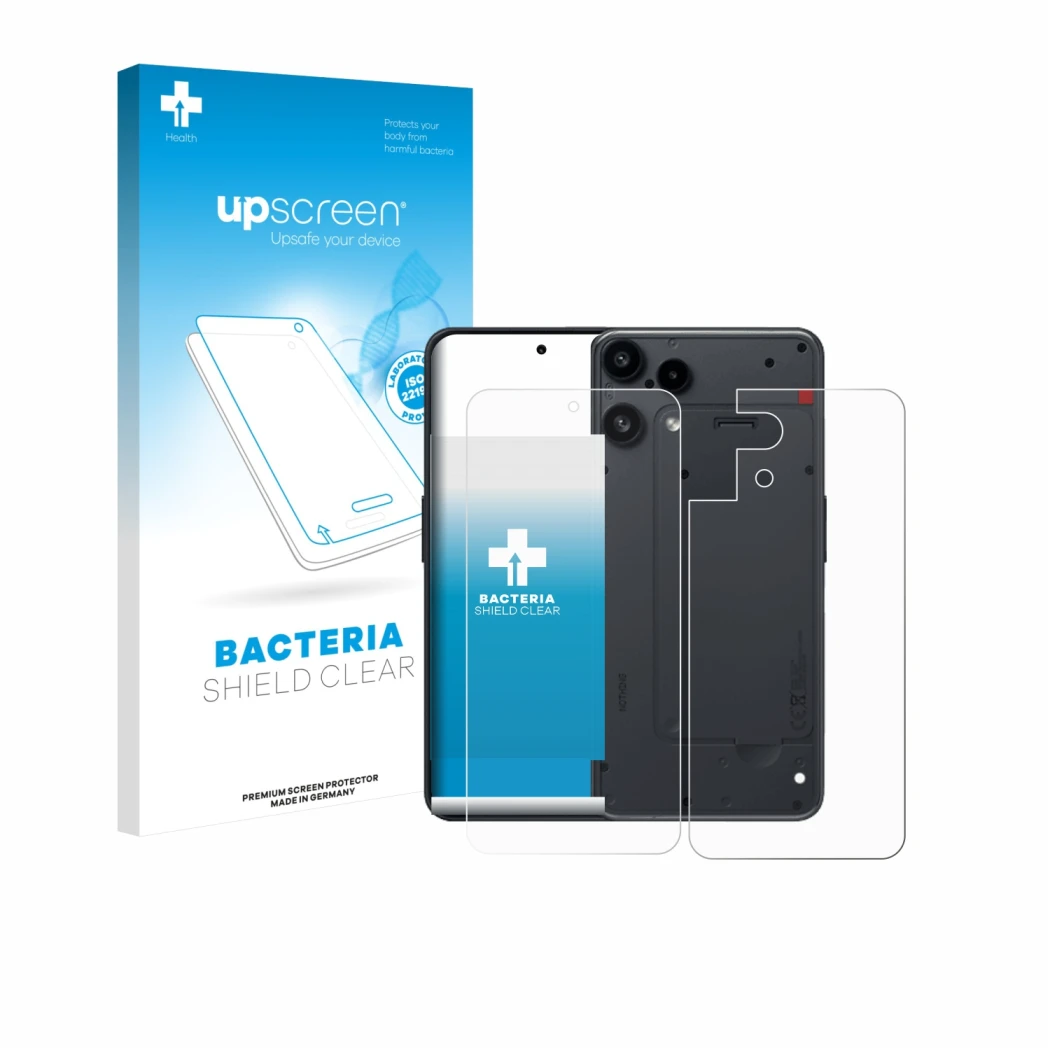 Face avant d’un emballage produit avec le logo de la marque upscreen. À côté, l’appareil Nothing Phone (3a) Lite (Avant+Arrièr