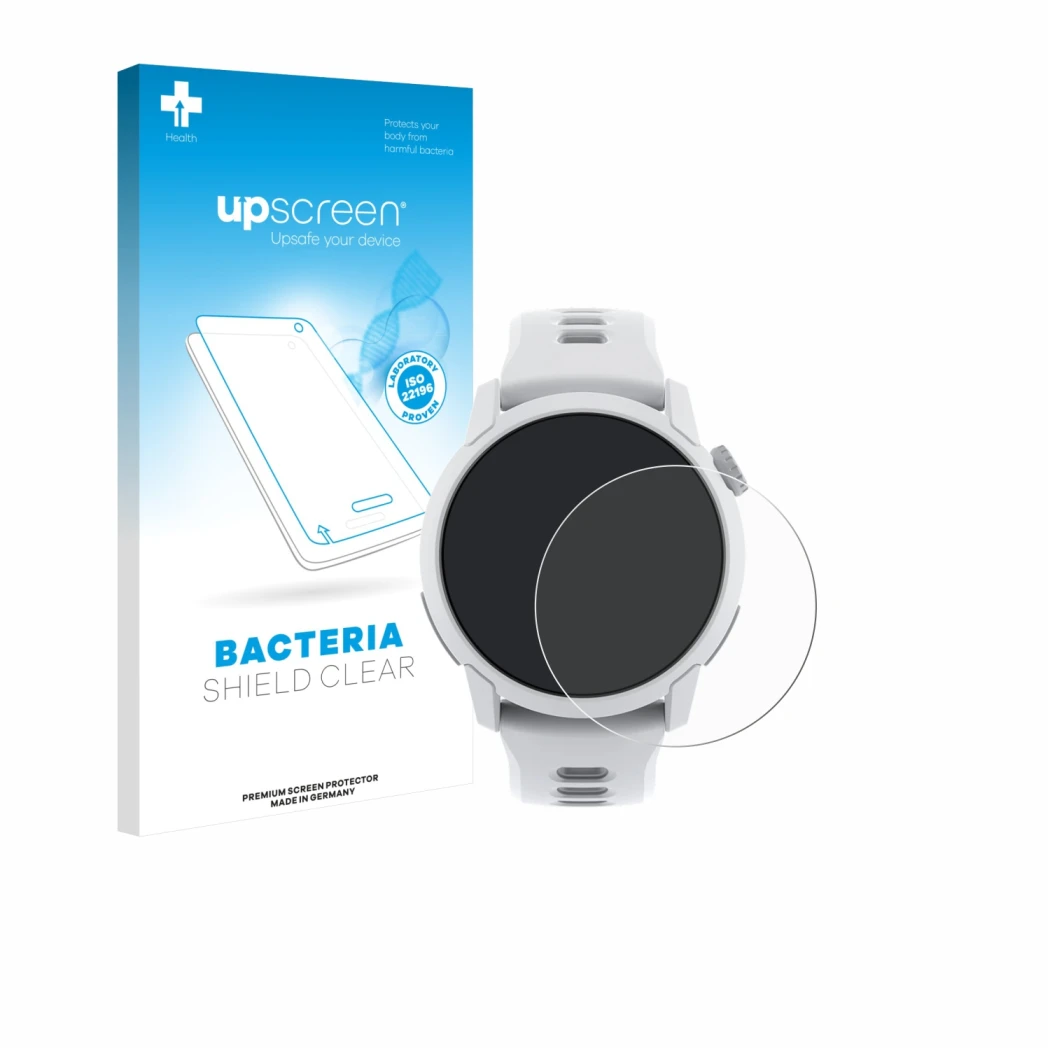 Face avant d’un emballage produit avec le logo de la marque upscreen. À côté, l’appareil Coros Pace 4 est représenté avec la p