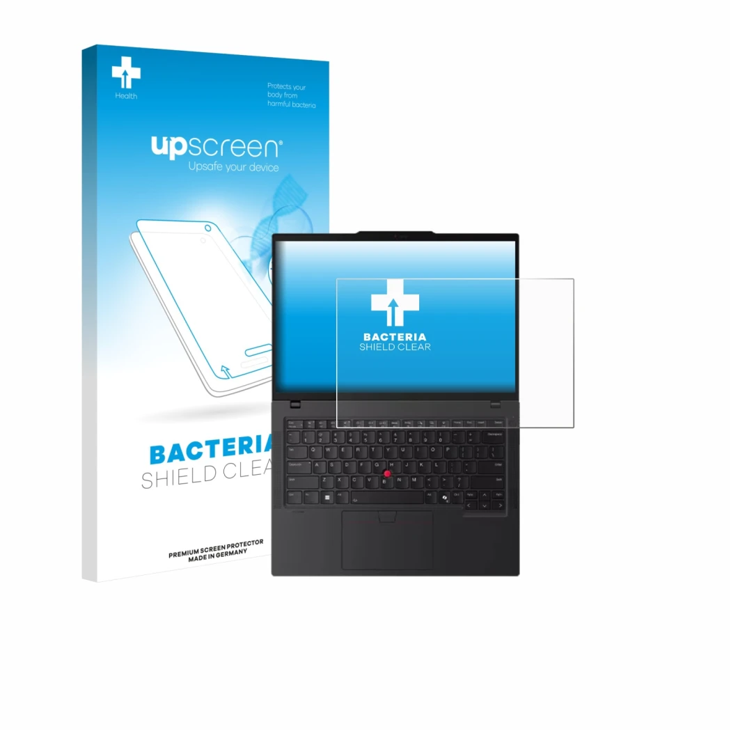 Face avant d’un emballage produit avec le logo de la marque upscreen. À côté, l’appareil Lenovo ThinkPad P14s Gen 6 14.5