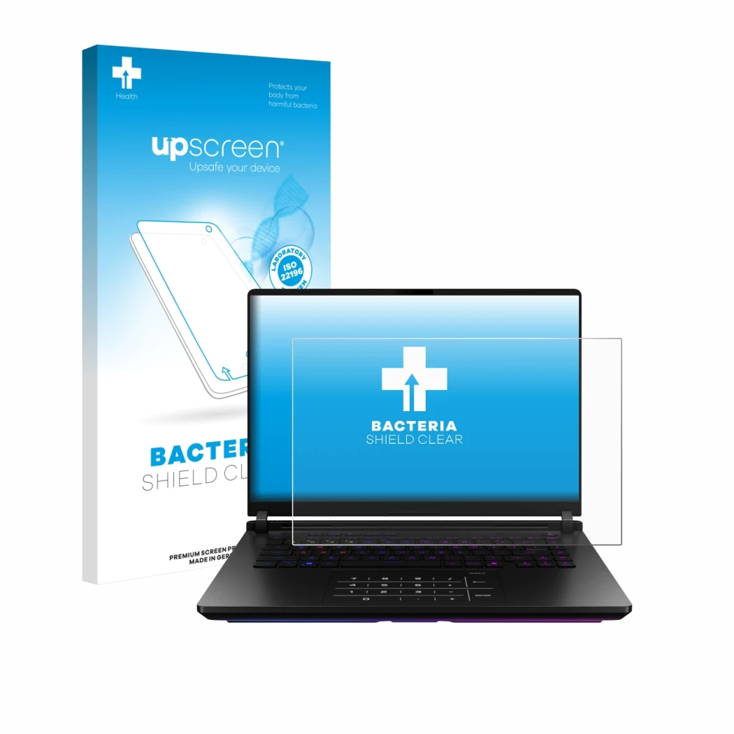 Face avant d’un emballage produit avec le logo de la marque upscreen. À côté, l’appareil ASUS ROG Strix SCAR 18 2025 est repré