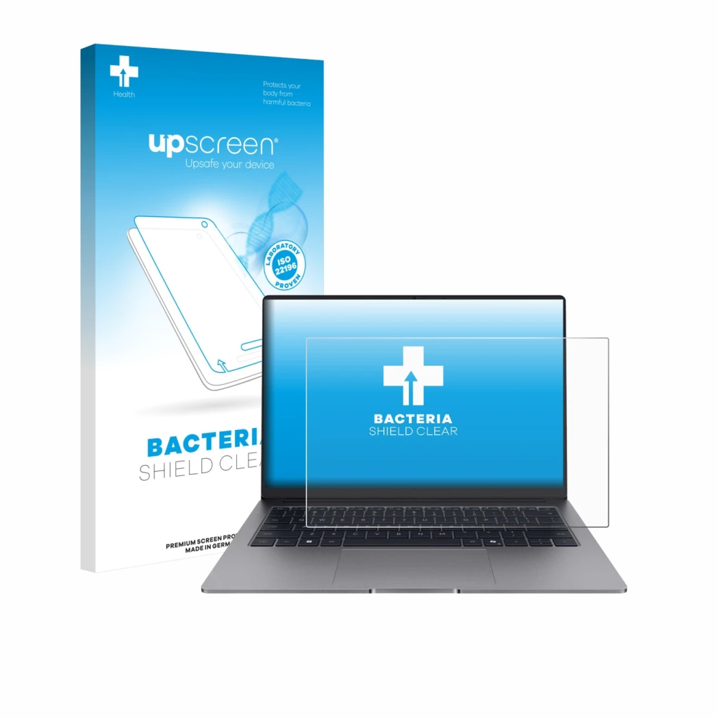 Face avant d’un emballage produit avec le logo de la marque upscreen. À côté, l’appareil Honor MagicBook X14 Plus 2025 est rep