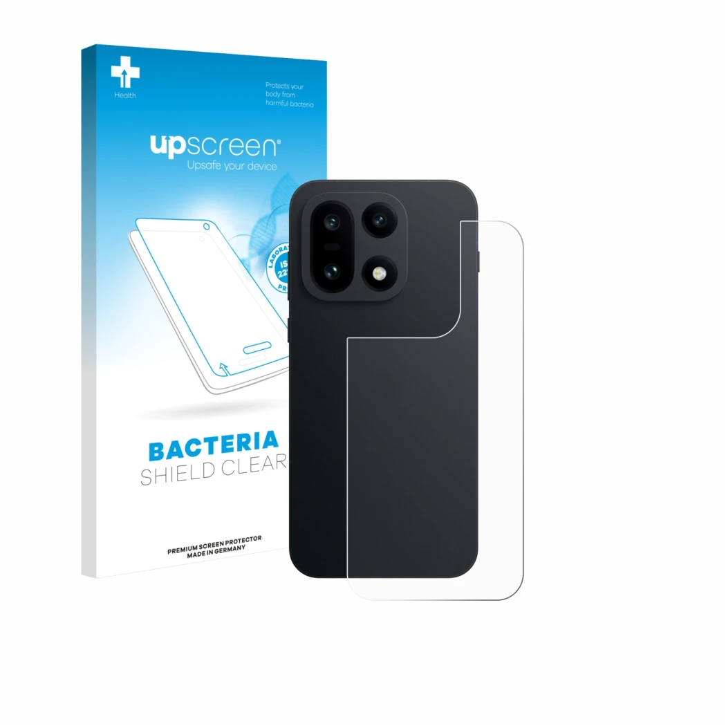 Face avant d’un emballage produit avec le logo de la marque upscreen. À côté, l’appareil OnePlus 15 (Arrière) est représenté a