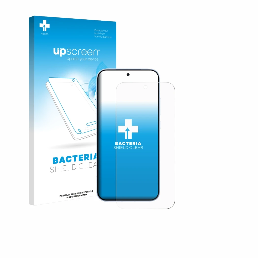 Face avant d’un emballage produit avec le logo de la marque upscreen. À côté, l’appareil Oppo Reno 15 est représenté avec la p