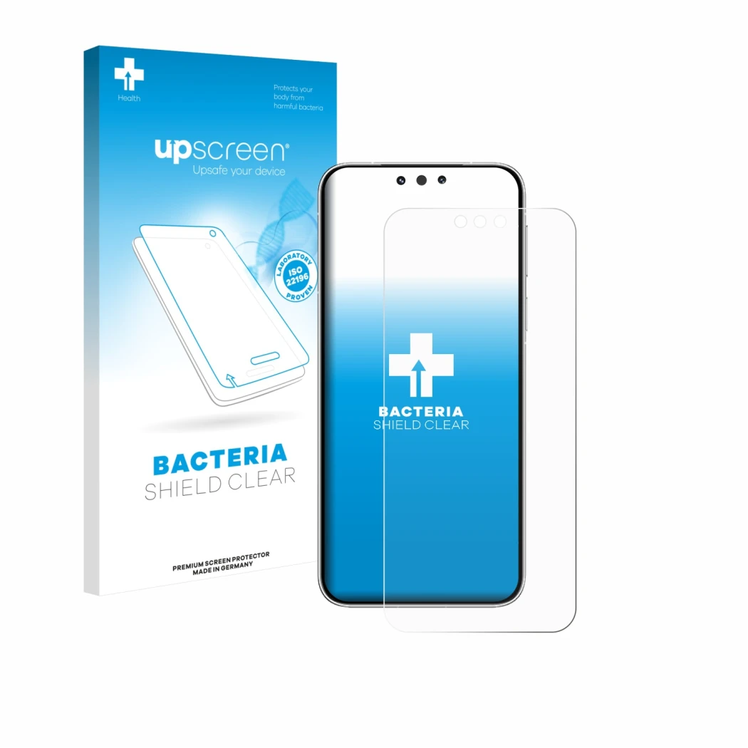 Face avant d’un emballage produit avec le logo de la marque upscreen. À côté, l’appareil Huawei Mate 80 Pro est représenté ave