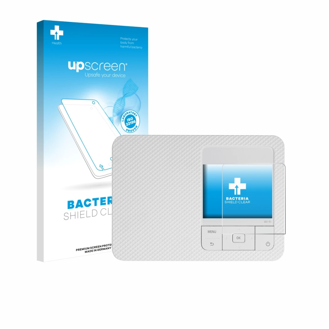 Face avant d’un emballage produit avec le logo de la marque upscreen. À côté, l’appareil Canon Selphy CP1500 Mini est représen