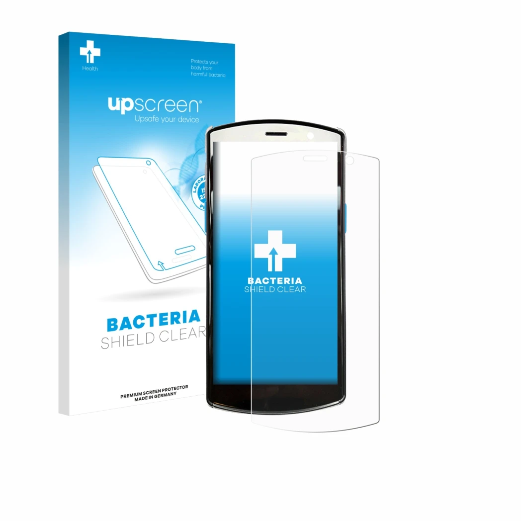 Face avant d’un emballage produit avec le logo de la marque upscreen. À côté, l’appareil Unitech EA510 est représenté avec la