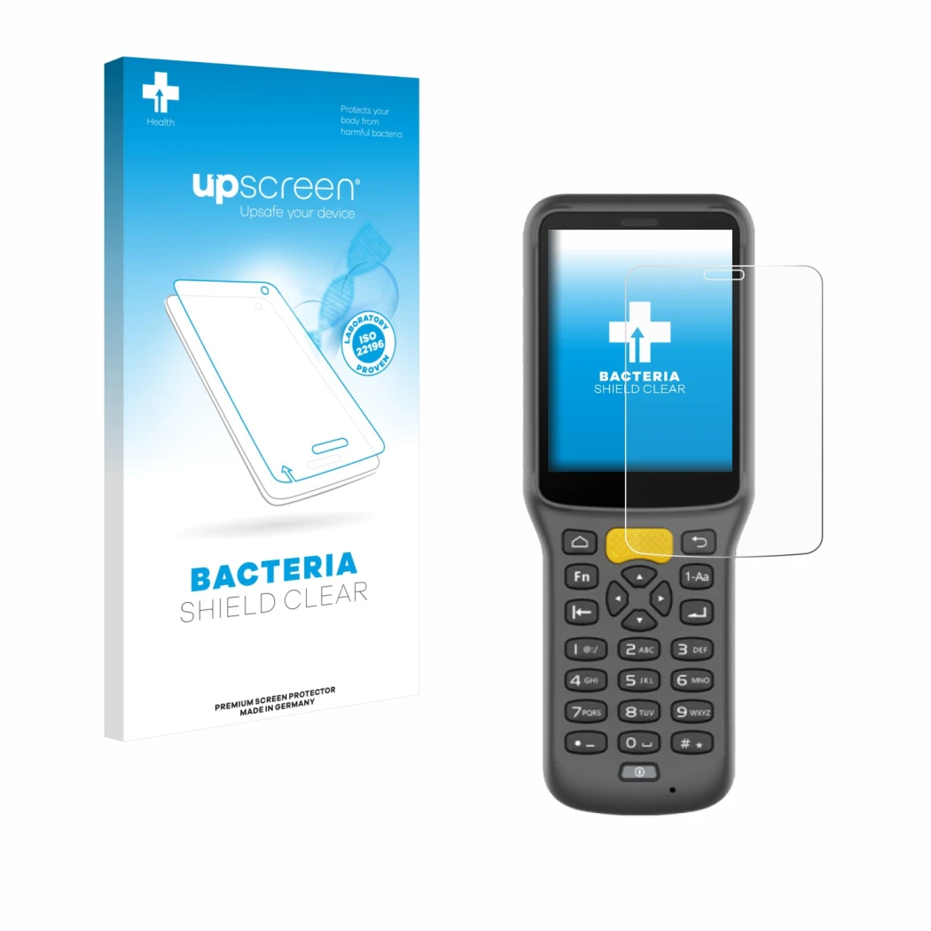 Face avant d’un emballage produit avec le logo de la marque upscreen. À côté, l’appareil Newland MT37 Baiji est représenté ave