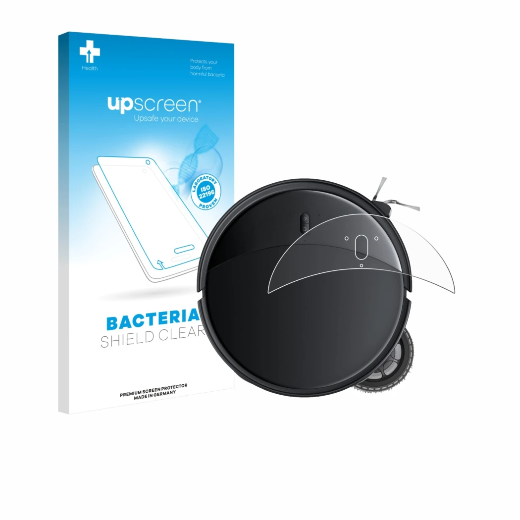 Face avant d’un emballage produit avec le logo de la marque upscreen. À côté, l’appareil Roborock Saros 10R est représenté ave